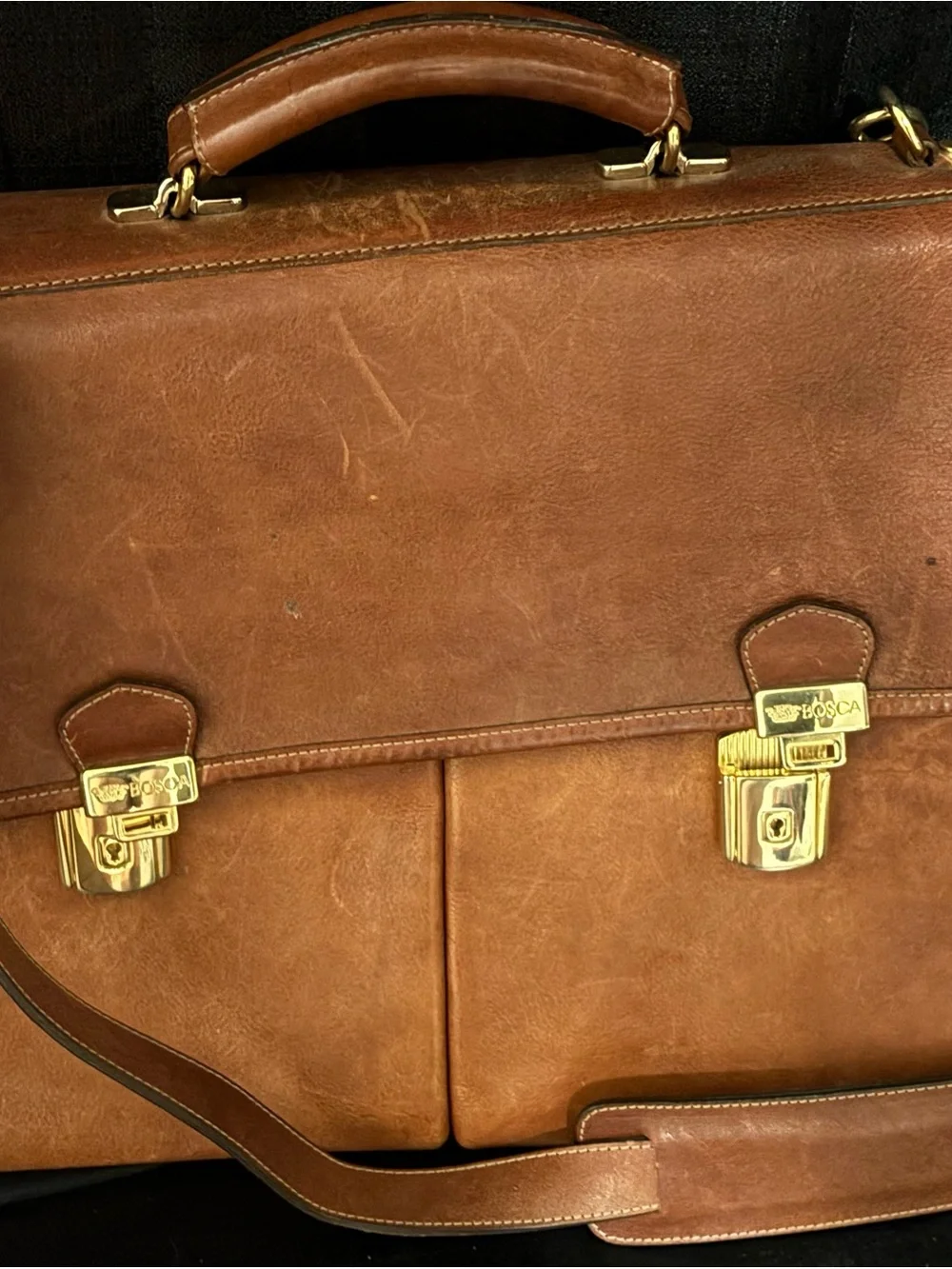 Bosca Tan Leather Briefcase with Gold Hardware